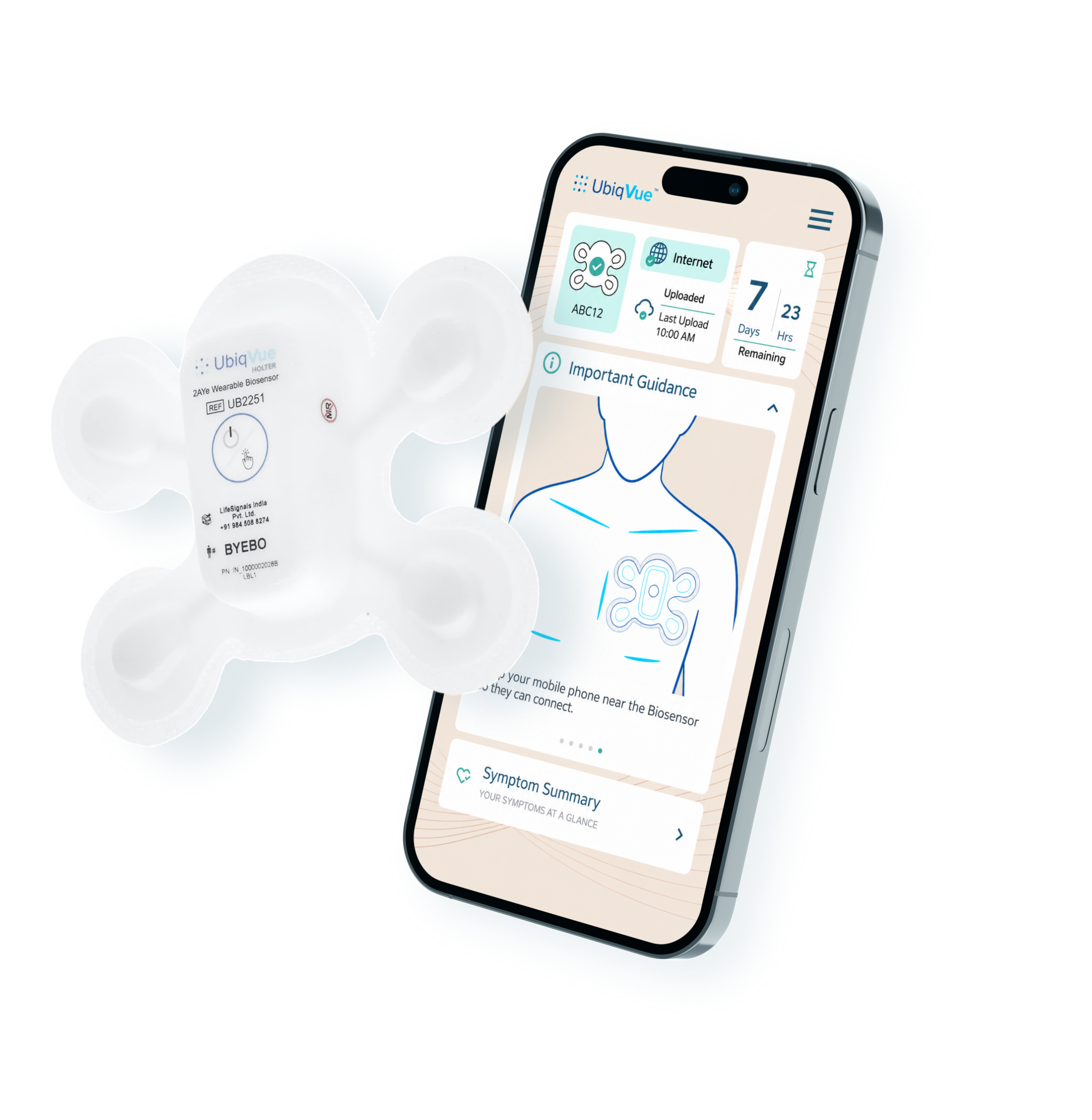 UbiqVue patient app on a phone next to the UbiqVue biosensor
